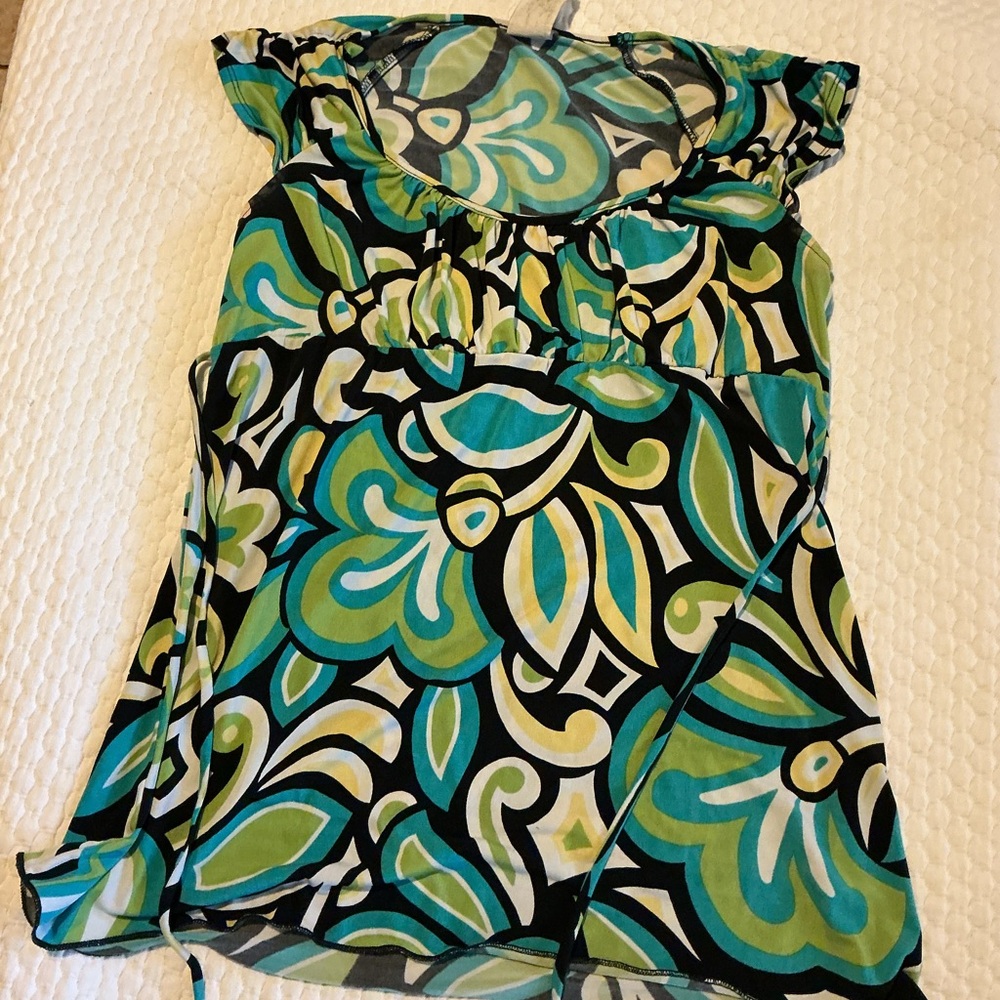 Wrapper Teal, Green & Black Printed Short Sleeve Top